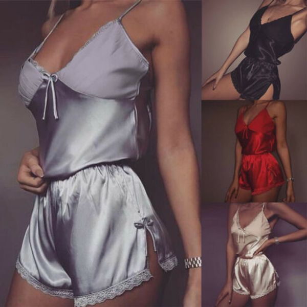 women satin lace sleepwear babydoll nightwear v neck sleeveless shorts pajamas set, Blue;gray
women satin lace sleepwear babydoll nightwear v neck sleeveless shorts pajamas set, Blue;gray