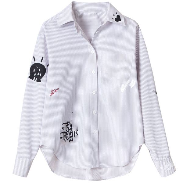 women's blouses & shirts striped skull letters print cotton shirt collar front buttons long sleeves buttoned cuffs fashion blouse woman, White
women's blouses & shirts striped skull letters print cotton shirt collar front buttons long sleeves buttoned cuffs fashion blouse woman, White