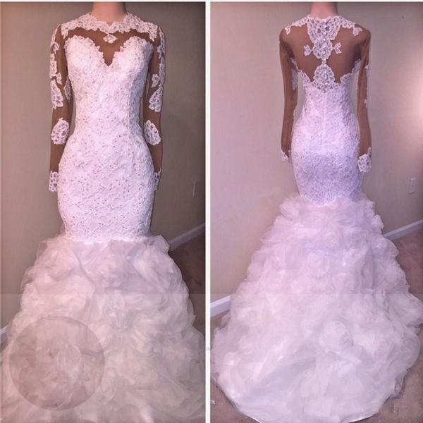 African Wedding Dresses Mermaid Jewel Ruffles Skirt Illusion Long Sleeves Wedding Gowns Buttons Beads Appliques Lace Vintage Bridal Dress
African Wedding Dresses Mermaid Jewel Ruffles Skirt Illusion Long Sleeves Wedding Gowns Buttons Beads Appliques Lace Vintage Bridal Dress