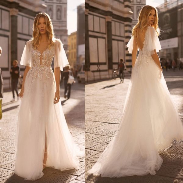 bohemian 2020 a line wedding dresses v neck lace appliqued beach boho half sleeve high side split beads bridal gowns vestido de novia, White 
bohemian 2020 a line wedding dresses v neck lace appliqued beach boho half sleeve high side split beads bridal gowns vestido de novia, White