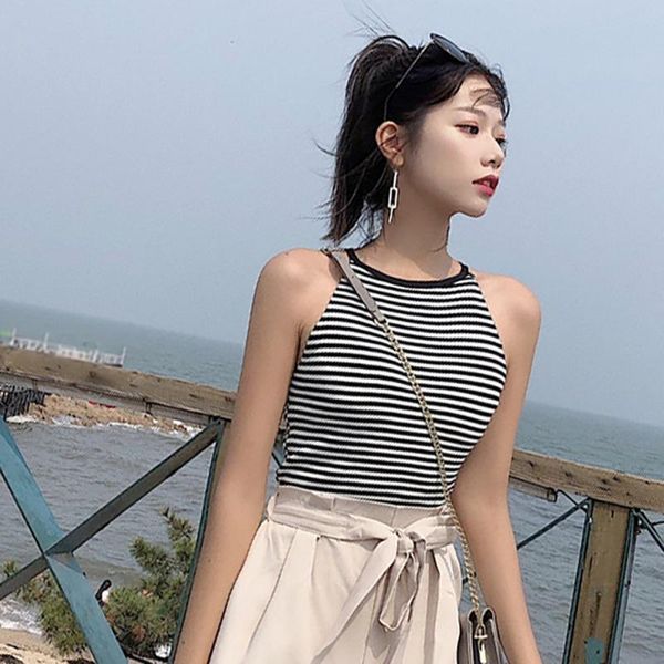summer women slim solid color striped cross knit bottoming tank trend hang neck camisoles, White
summer women slim solid color striped cross knit bottoming tank trend hang neck camisoles, White