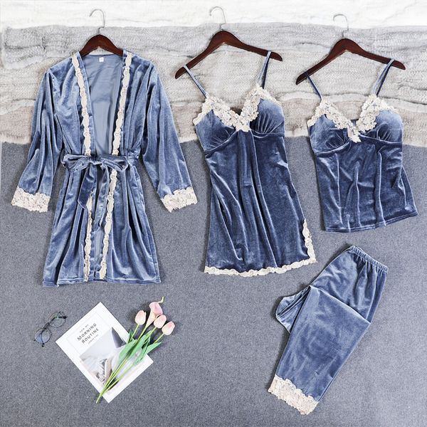 women new velvet 4 pcs lace sleepwear set autumn pajama suit with chest pad floral trim nightwear bride wedding robe intimate lingerie, Black;red
women new velvet 4 pcs lace sleepwear set autumn pajama suit with chest pad floral trim nightwear bride wedding robe intimate lingerie, Black;red