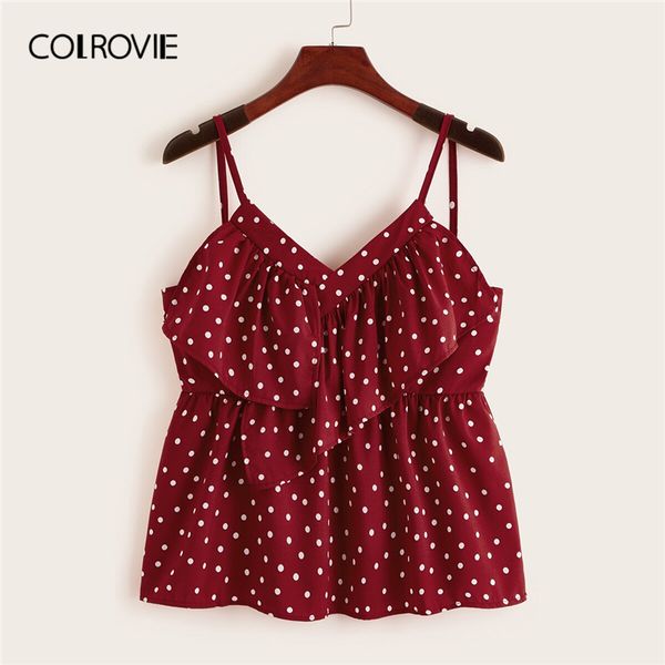 

colrovie burgundy polka dot flounce trim korean style cami women 2019 summer sleeveless sweet holiday female tee shirts, White