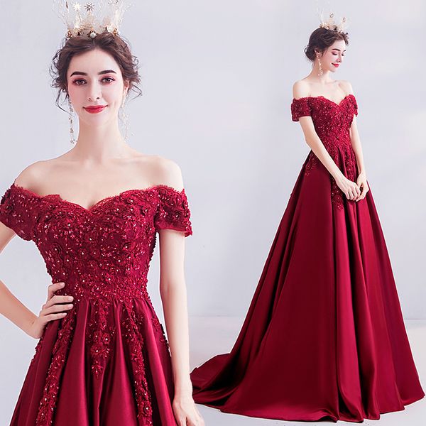 burgundy off shoulder prom dresses 2020 in stock satin long prom gowns with 3d lace appliques, Black
burgundy off shoulder prom dresses 2020 in stock satin long prom gowns with 3d lace appliques, Black