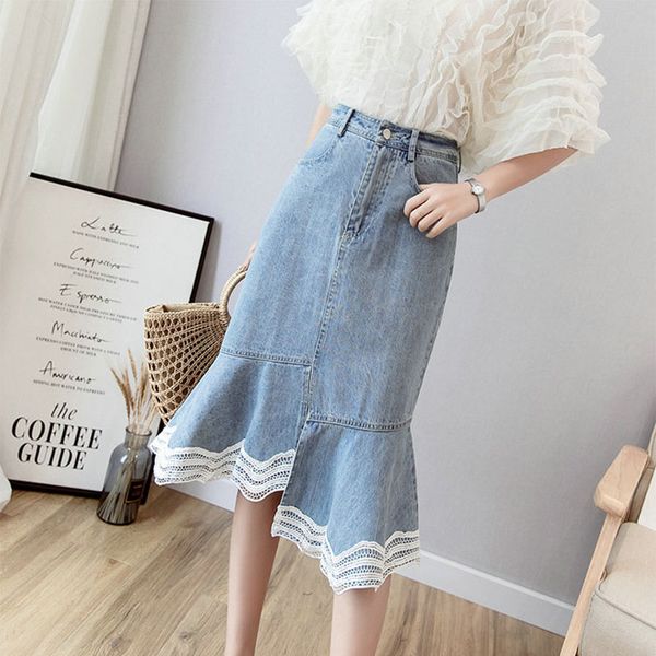 fashion summer denim skirt female mid-length high waist slim wild ruffled stitching lace women casual knee-length jeans skirts, Black
fashion summer denim skirt female mid-length high waist slim wild ruffled stitching lace women casual knee-length jeans skirts, Black