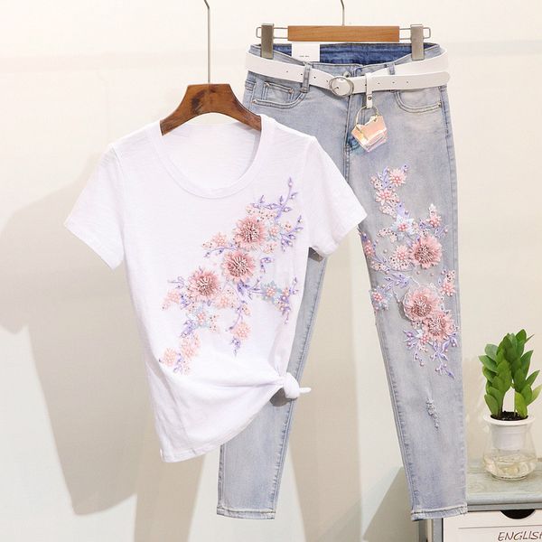 2 piece set women sequined beaded embroideried 3d flower cotton t-shirt +ripped jeans sets summer clothing casual jean suits, White
2 piece set women sequined beaded embroideried 3d flower cotton t-shirt +ripped jeans sets summer clothing casual jean suits, White