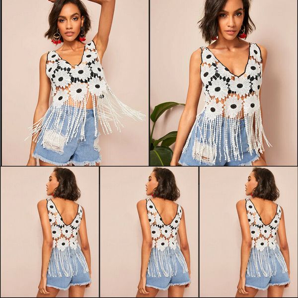 women's floral spelling sleeveless summer casual patchwork see through tassel t-shirt, White
women's floral spelling sleeveless summer casual patchwork see through tassel t-shirt, White