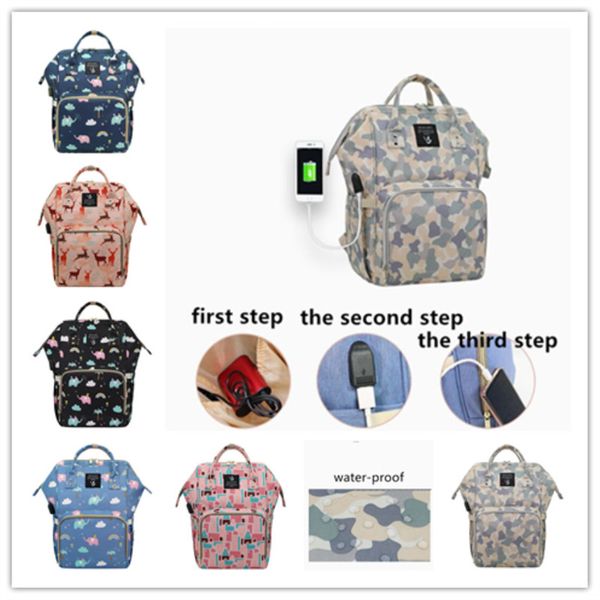 2020 Fashion Usb Mummy Backpacks Multifunction Oxford Cloth Zipper Travel Bags Big Capacity Mami Dry Wet Depart Bottle Carry Rucksack Ly229