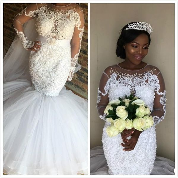 2020 african black girl mermaid wedding dresses sheer neck lace appliques beaded tulle long sleeves sashes plus size formal bridal gowns, White
2020 african black girl mermaid wedding dresses sheer neck lace appliques beaded tulle long sleeves sashes plus size formal bridal gowns, White