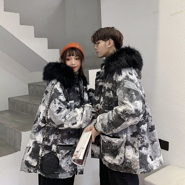 men popular thick camouflage ink overcoat cotton coat winter fur collar cotton-padded clothes couples coat loose fashion outwear, Black
men popular thick camouflage ink overcoat cotton coat winter fur collar cotton-padded clothes couples coat loose fashion outwear, Black