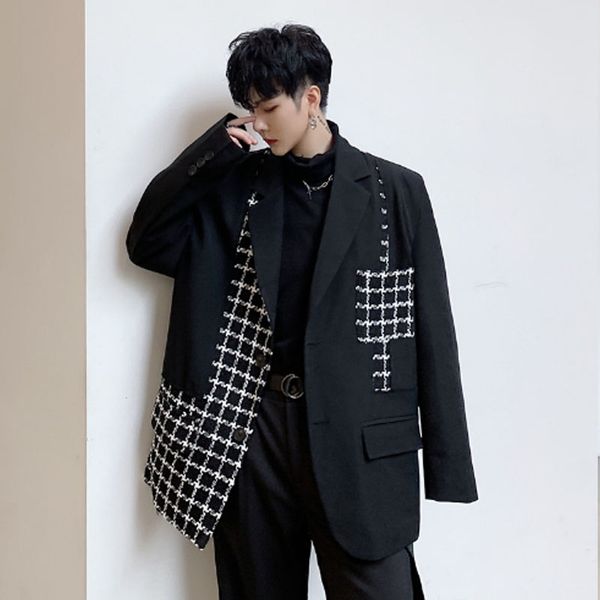 men vintage plaid splice loose casual suit jacket male japan harajuku streetwear suit blazer coat outerwear stage show clothes, White;black
men vintage plaid splice loose casual suit jacket male japan harajuku streetwear suit blazer coat outerwear stage show clothes, White;black