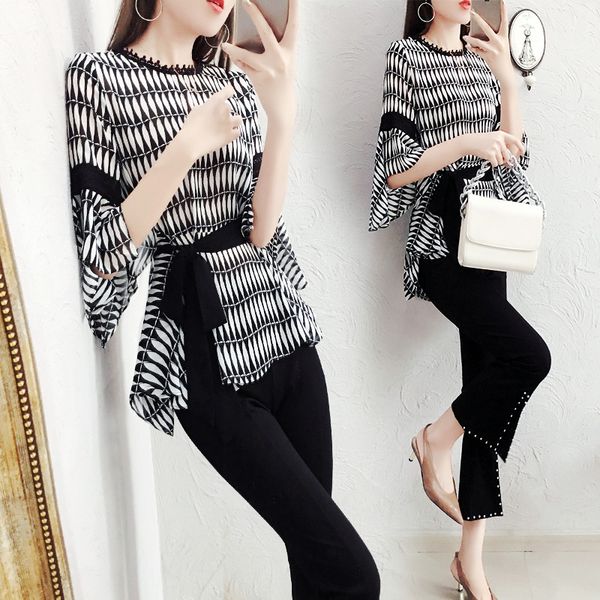 with sashes new summer spring women's pants suits flare sleeve blouses and slim beaded pants set laides elegant workwear ns973, White;black
with sashes new summer spring women's pants suits flare sleeve blouses and slim beaded pants set laides elegant workwear ns973, White;black