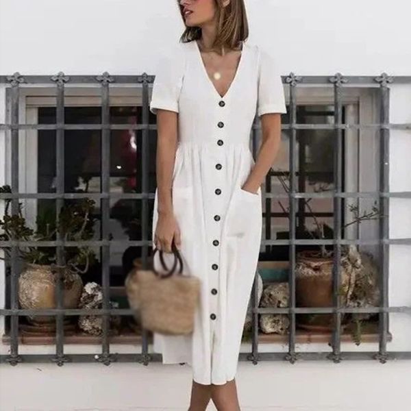 women's dress ladies summer v neck midi fashion short sleeve casual button down retro solid vintage a line dress, Black;gray
women's dress ladies summer v neck midi fashion short sleeve casual button down retro solid vintage a line dress, Black;gray