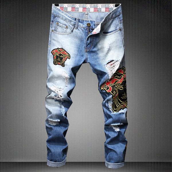 lady head embroidery holes punk style brand jeans men slim fit denim thin casual full length jeans trousers men's skinny, Blue
lady head embroidery holes punk style brand jeans men slim fit denim thin casual full length jeans trousers men's skinny, Blue