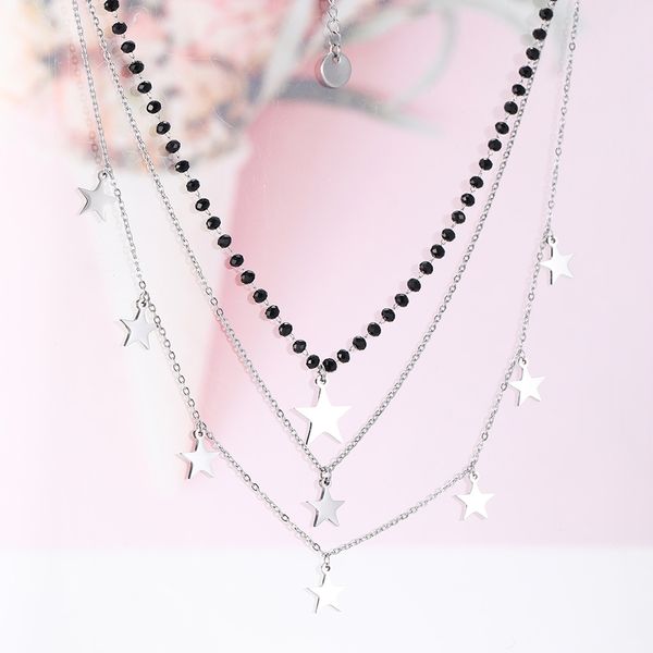 3 layered chain necklace for women stainless steel stars charm necklace black crystal beads fashion jewelry gift 2019, Silver
3 layered chain necklace for women stainless steel stars charm necklace black crystal beads fashion jewelry gift 2019, Silver
