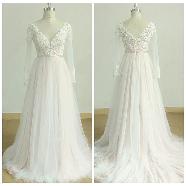 romantic v-neck tulle long sleeve wedding dresses a-line lace appliques beach wedding dresses plunging back bridal gowns robe de soiree, White
romantic v-neck tulle long sleeve wedding dresses a-line lace appliques beach wedding dresses plunging back bridal gowns robe de soiree, White