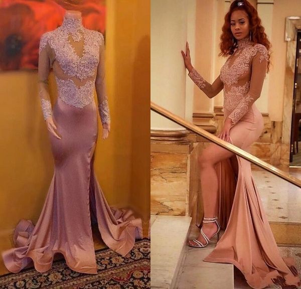 High Neck Long Sleeve Lace Mermaid Prom Dresses 2019 Lace Appliques Front Split Evening Dress Party Gown
High Neck Long Sleeve Lace Mermaid Prom Dresses 2019 Lace Appliques Front Split Evening Dress Party Gown