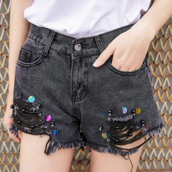 women's shorts high waist short femme loose beading ripped jeans for women plus size vintage all-match summer denim 2021, White;black
women's shorts high waist short femme loose beading ripped jeans for women plus size vintage all-match summer denim 2021, White;black