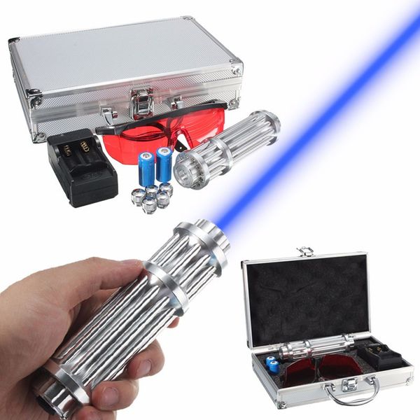 Power Blue Light Laser Pointer Pen Adjustable Focal Point Visible Beam Quality Laser Module 445nm-450nm+battery +charger+goggles