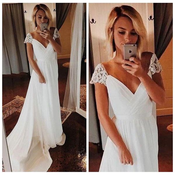 classic v-neck vintage wedding dresses with short lace capped sleeve a line beach wedding dresses with long tail white chiffon wedding dress
classic v-neck vintage wedding dresses with short lace capped sleeve a line beach wedding dresses with long tail white chiffon wedding dress
