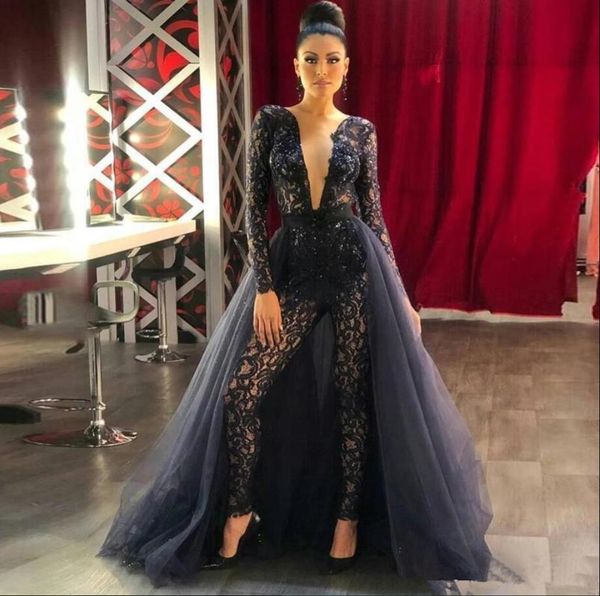 women jumpsuits black lace prom dresses with detachable train sheer long sleeves sequined formal evening gowns deep v neck pants suits, Black;red
women jumpsuits black lace prom dresses with detachable train sheer long sleeves sequined formal evening gowns deep v neck pants suits, Black;red