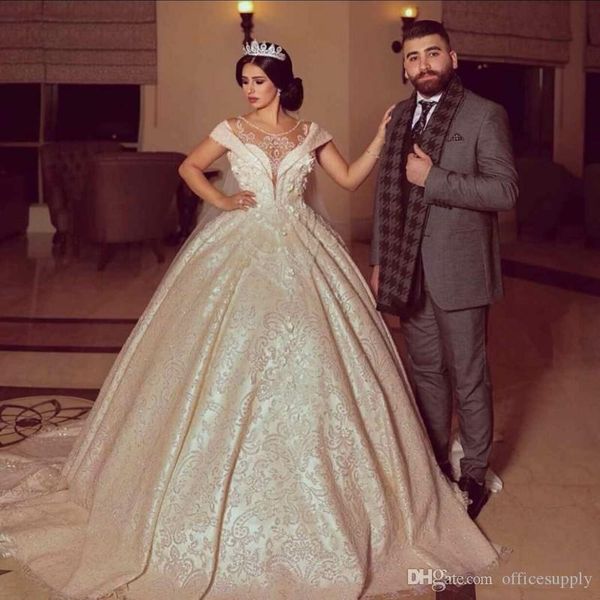 champagne arabic dubai lace ball gown wedding dresses sheer neck sweep train appliques beads crystal court train wedding dress bridal gowns, White
champagne arabic dubai lace ball gown wedding dresses sheer neck sweep train appliques beads crystal court train wedding dress bridal gowns, White