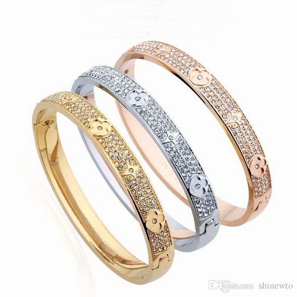 fashion lady titanium steel carved four leaf flower v letter with full diamond 18k gold plated bracelet bangle 3 color, Black
fashion lady titanium steel carved four leaf flower v letter with full diamond 18k gold plated bracelet bangle 3 color, Black