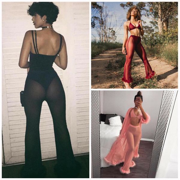 fashion women's sheer high waist casual pants wide leg long trousers leggings b