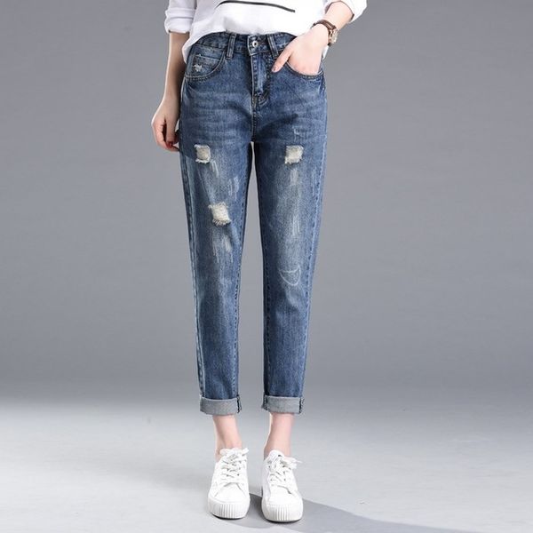 

летние брюки с высокой талией мама рваные джинсы бойфренда для женщин джинсовые брюки плюс размер 26 38 дамы свободные рваные джинсы женщина, Blue