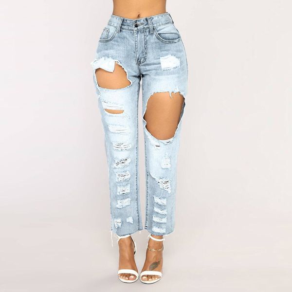 

2019 fashion ladies bravo wonderful skinny jeans hole denim female mid waist stretch slim pants, Blue