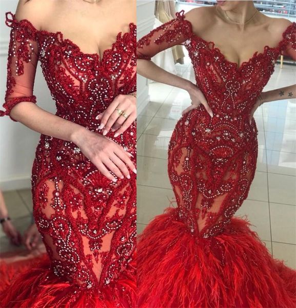 luxury dubai red evening dresses major beading mermaid feather skirt long pageant dress half long sleeves engagement gown gorgoues wear, Black;red
luxury dubai red evening dresses major beading mermaid feather skirt long pageant dress half long sleeves engagement gown gorgoues wear, Black;red