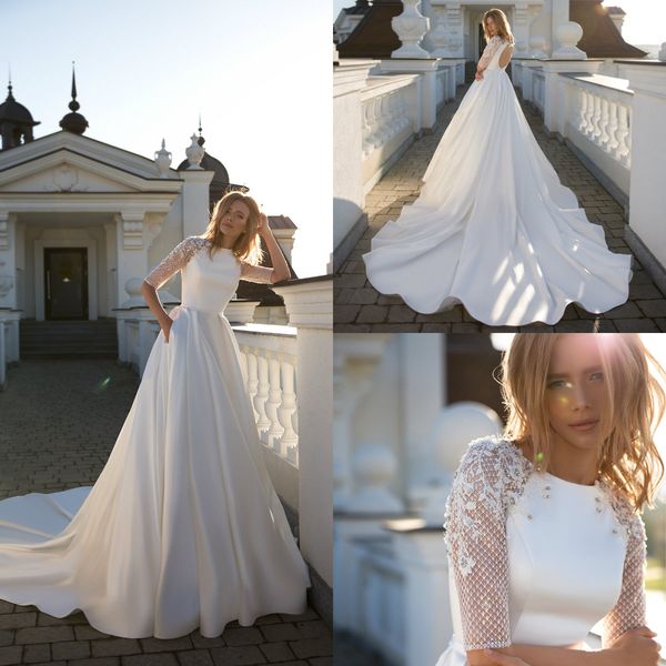 2019 elegant satin beach wedding dresses with pocket jewel neck appliqued a line beads boho wedding dress sweep train lace vestidos de novia, White
2019 elegant satin beach wedding dresses with pocket jewel neck appliqued a line beads boho wedding dress sweep train lace vestidos de novia, White