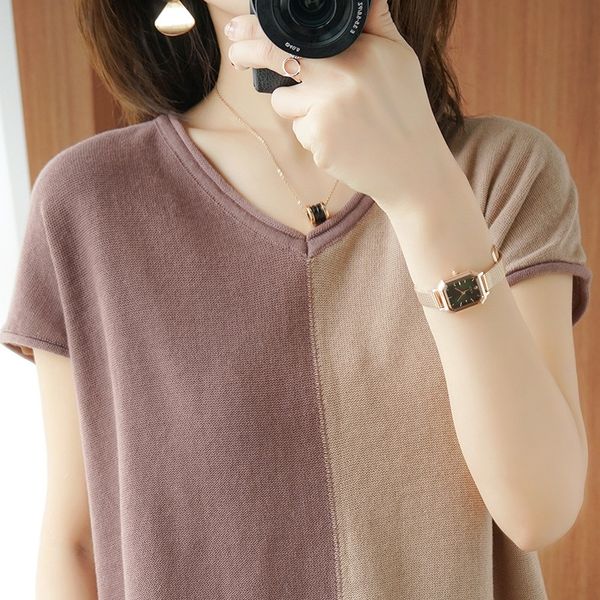contrast color stitching v-neck short-sleeved cotton and linen knitted t- women's loose slim knitted base t- shirt shirt summer 2020, White
contrast color stitching v-neck short-sleeved cotton and linen knitted t- women's loose slim knitted base t- shirt shirt summer 2020, White