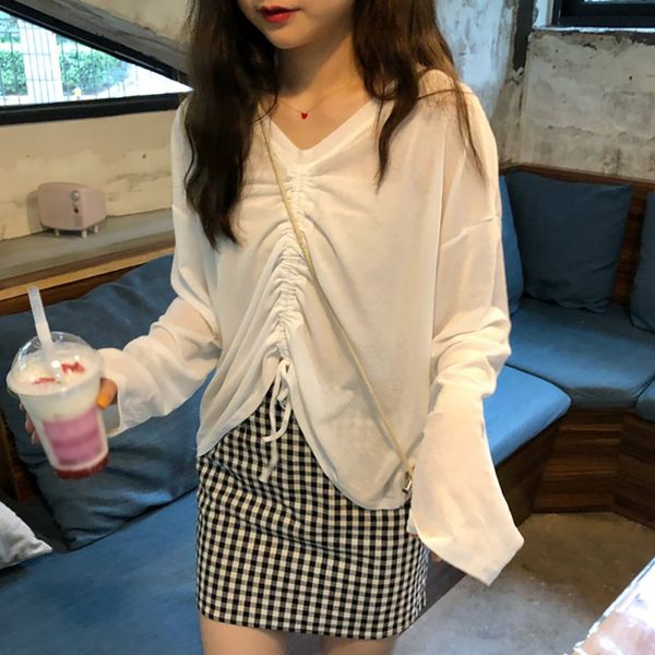 women's t-shirt casual clothes oversized t shirt women autumn v collar solid color drawstring long sleeve ladies, White
women's t-shirt casual clothes oversized t shirt women autumn v collar solid color drawstring long sleeve ladies, White