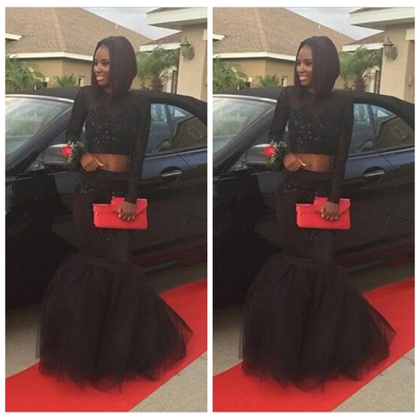 2019 sheer long sleeves lace appliques mermaid prom dresses two piece beading sequins tulle evening party gowns special occasion party gowns, Black
2019 sheer long sleeves lace appliques mermaid prom dresses two piece beading sequins tulle evening party gowns special occasion party gowns, Black
