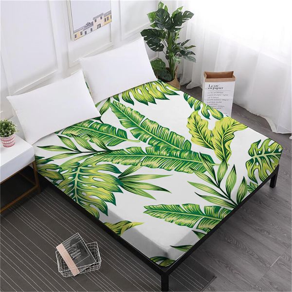 

tropical palm leaves bed sheet jungle green plant fitted sheet king queen bedding deep pocket mattress cover home decor d40