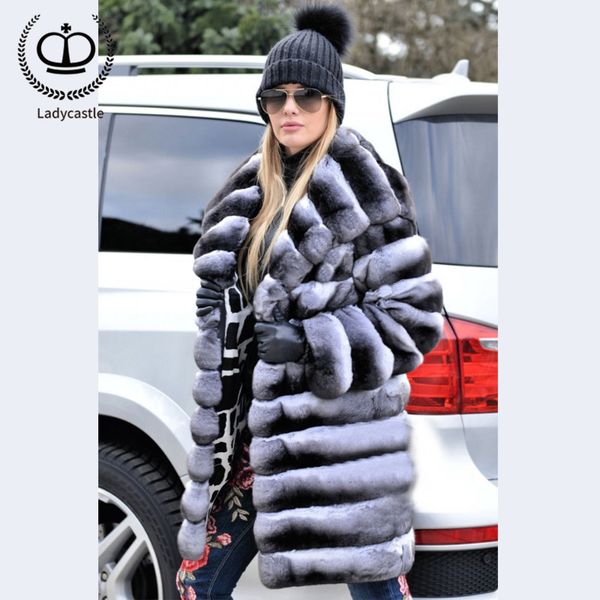 2019 new real chinchilla rex fur coat with big hood full length fur coat long women jackets down plus size rb-058, Black