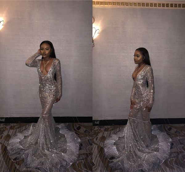 2020 silver sequined mermaid prom dresses see through long sleeves evening gown with feathers formal party dress, Black
2020 silver sequined mermaid prom dresses see through long sleeves evening gown with feathers formal party dress, Black