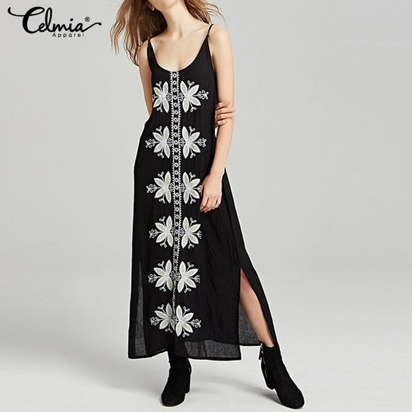 women's sundress celmia 2019 summer spaghetti straps printed long shirt dress casual loose pleated beach maxi vestidos robe, Black;gray
women's sundress celmia 2019 summer spaghetti straps printed long shirt dress casual loose pleated beach maxi vestidos robe, Black;gray