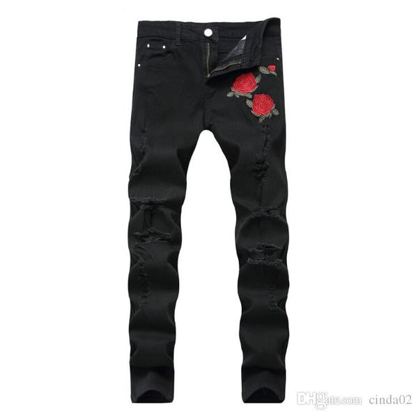 rose embroidery jeans fashion blue black ripped male pants tide slim pants
