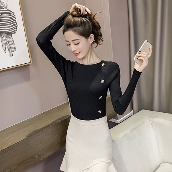 autumn winter new button solid women's sweater fashion slim round neck bottom shirt long sleeve knit pullover, White;black
autumn winter new button solid women's sweater fashion slim round neck bottom shirt long sleeve knit pullover, White;black