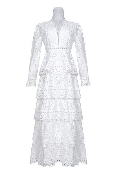 european and american women's dress 2019 summer new style fashion hollow layer cake long-sleeved v-neck white dress, Black;gray 
european and american women's dress 2019 summer new style fashion hollow layer cake long-sleeved v-neck white dress, Black;gray