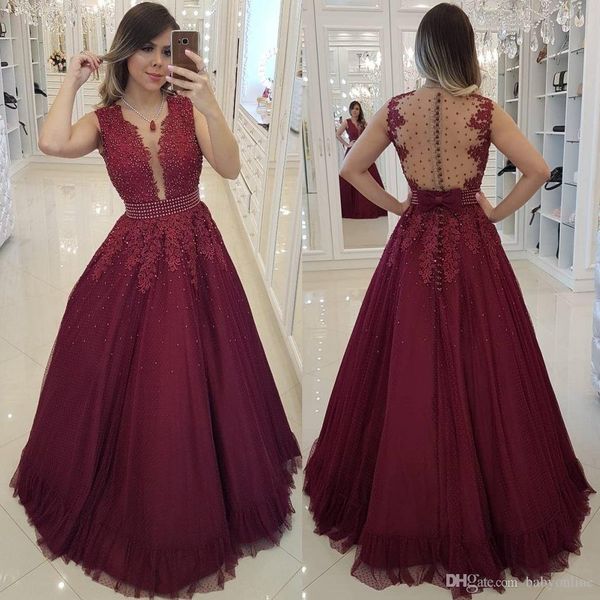 elegant burgundy a line prom dresses beaded pearls sheer backless appliques covered buttons long evening gowns formal wear robes de soirée, Black;red
elegant burgundy a line prom dresses beaded pearls sheer backless appliques covered buttons long evening gowns formal wear robes de soirée, Black;red
