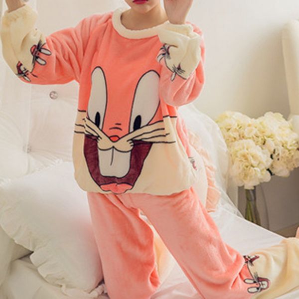 

autumn winter women pyjamas sets pajamas sleepwear suit thick warm coral flannel nightgown female cartoon animal pijama mujer, Black;blue