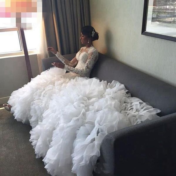 elegant plus size mermaid wedding dresses jewel neck long sleeves ruffles tiered lace appliques tulle chapel train bridal gowns vestido, White
elegant plus size mermaid wedding dresses jewel neck long sleeves ruffles tiered lace appliques tulle chapel train bridal gowns vestido, White