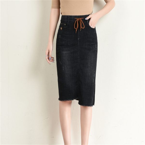 women's new 2020 spring and autumn elastic waist denim skirt high waist a-line hip denim skirt, Black 
women's new 2020 spring and autumn elastic waist denim skirt high waist a-line hip denim skirt, Black