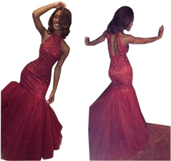 burgundy mermaid prom dresses halter sequins keyhole back long evening party gowns, Black
burgundy mermaid prom dresses halter sequins keyhole back long evening party gowns, Black