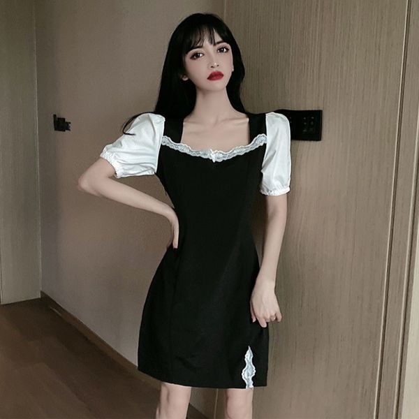 contrasting color square collar puff sleeve lace stitching hepburn style small black dress fashion ageing split high waist dress female summ, White;black
contrasting color square collar puff sleeve lace stitching hepburn style small black dress fashion ageing split high waist dress female summ, White;black