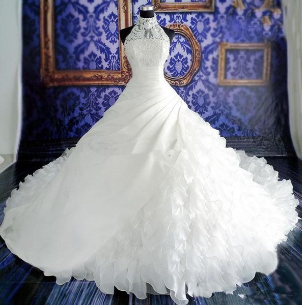 

2019 весна принцесса бальные платья свадебные платья свадебные платья с кружевной аппликацией жемчуг высокая шея органзы свадебное платье ve, White