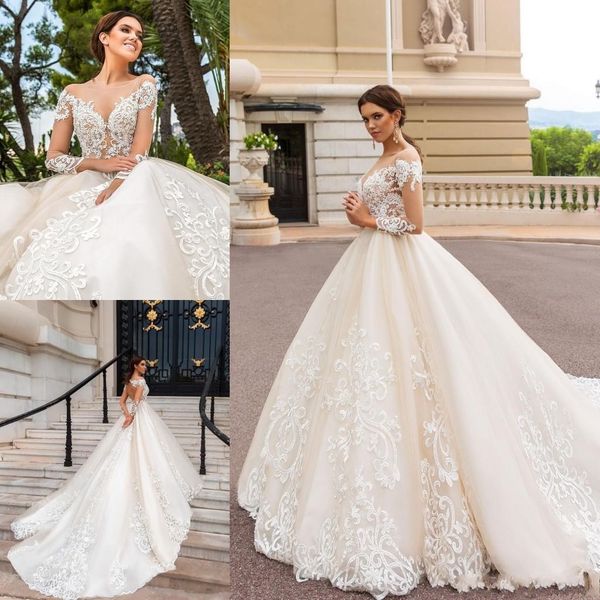 2022 vintage long sleeves champagne a line wedding dresses sheer neckline lace appliques bridal gown court train ba5462, White
2022 vintage long sleeves champagne a line wedding dresses sheer neckline lace appliques bridal gown court train ba5462, White